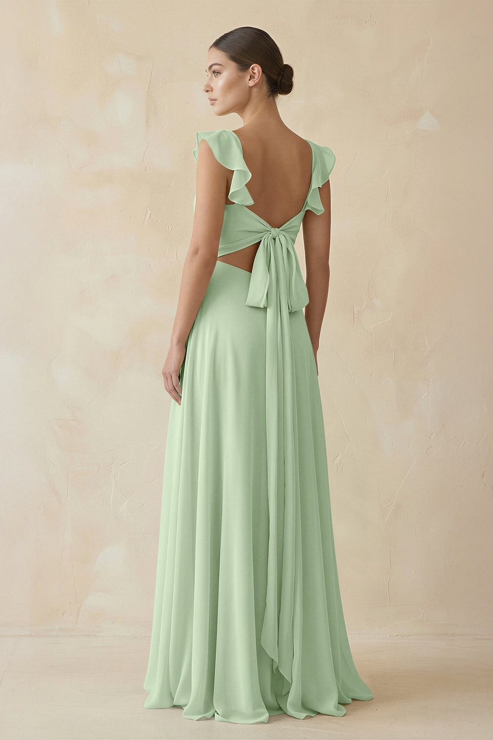 Ruffled Chiffon A - Line Long Bridesmaid Dress in Sage - KissProm