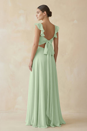 Ruffled Chiffon A - Line Long Bridesmaid Dress in Sage - KissProm