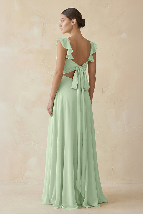 Ruffled Chiffon A - Line Long Bridesmaid Dress in Sage - KissProm