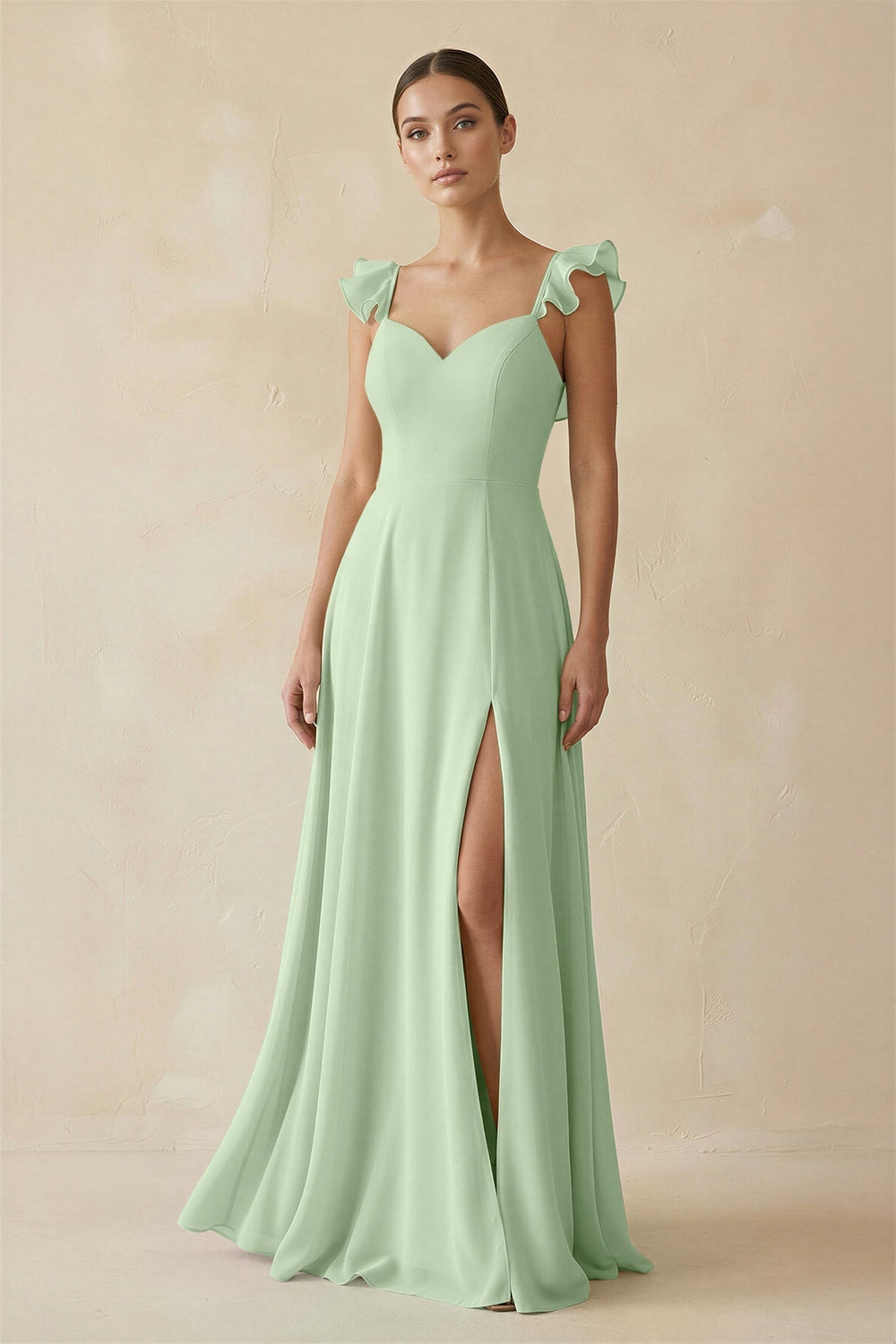 Ruffled Chiffon A - Line Long Bridesmaid Dress in Sage - KissProm