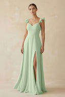 Ruffled Chiffon A - Line Long Bridesmaid Dress in Sage - KissProm