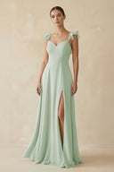 Ruffled Chiffon A - Line Long Bridesmaid Dress in Sage - KissProm