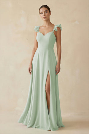 Ruffled Chiffon A - Line Long Bridesmaid Dress in Sage - KissProm