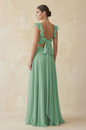 Ruffled Chiffon A - Line Long Bridesmaid Dress in Sea Glass - KissProm