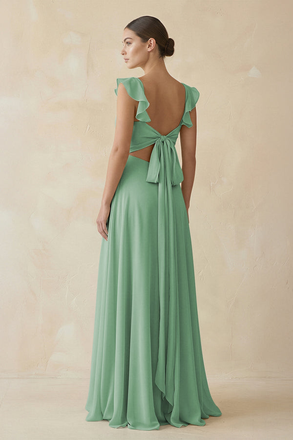 Ruffled Chiffon A - Line Long Bridesmaid Dress in Sea Glass - KissProm
