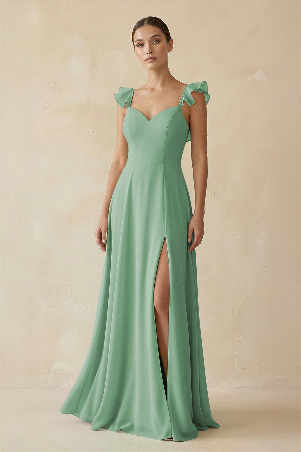 Ruffled Chiffon A - Line Long Bridesmaid Dress in Sea Glass - KissProm