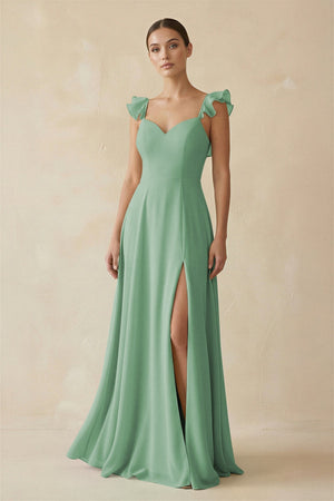 Ruffled Chiffon A - Line Long Bridesmaid Dress in Sea Glass - KissProm