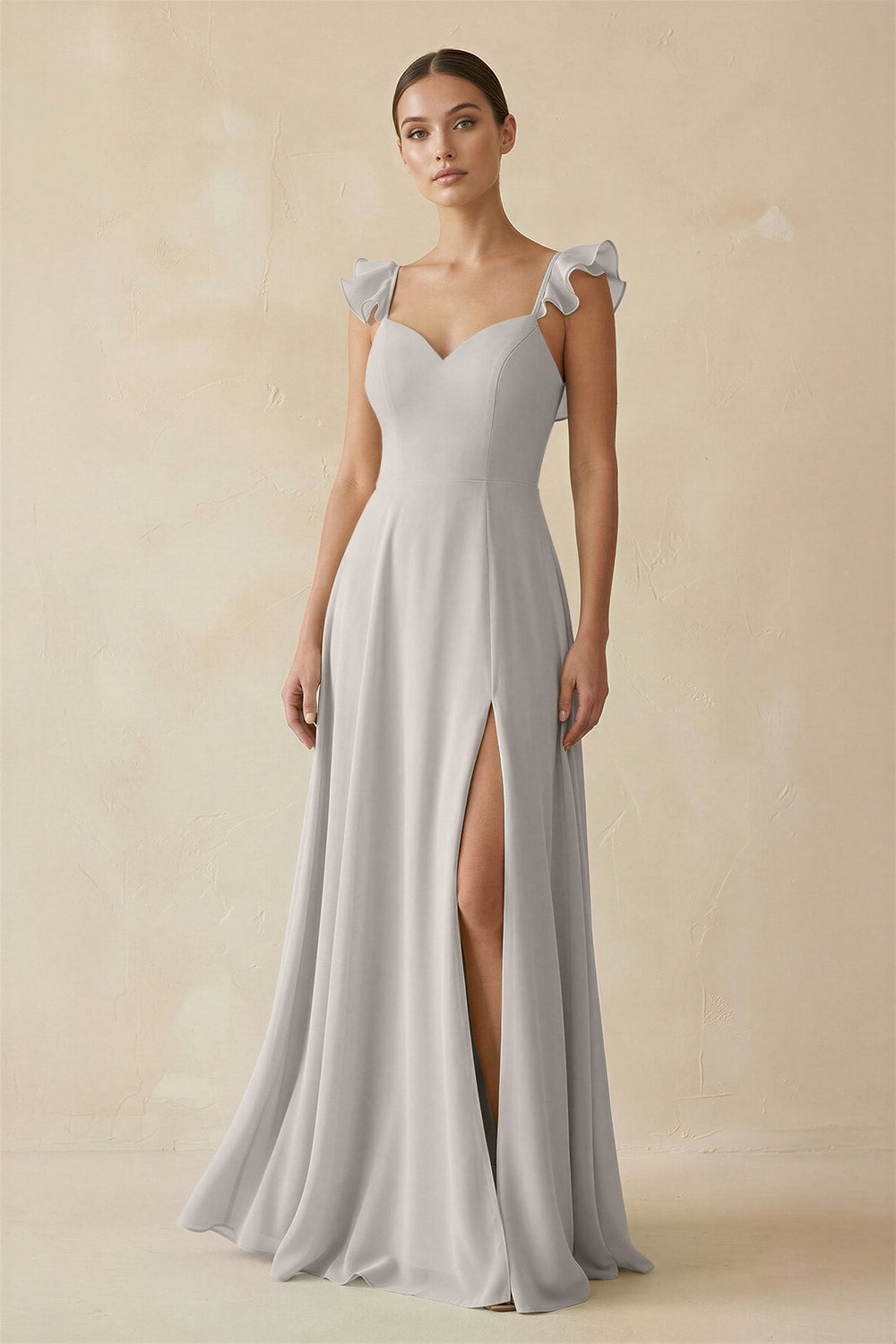 Ruffled Chiffon A - Line Long Bridesmaid Dress in Silver - KissProm