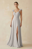 Ruffled Chiffon A - Line Long Bridesmaid Dress in Silver - KissProm