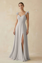 Ruffled Chiffon A - Line Long Bridesmaid Dress in Silver - KissProm
