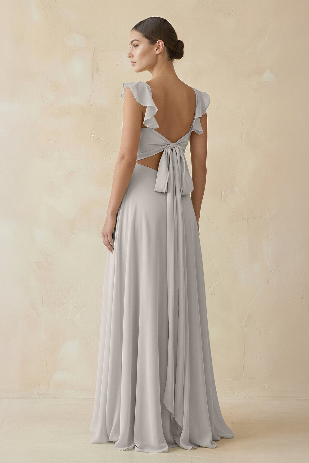 Ruffled Chiffon A - Line Long Bridesmaid Dress in Silver - KissProm