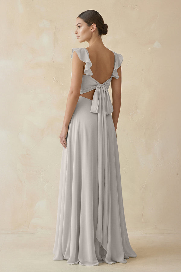 Ruffled Chiffon A - Line Long Bridesmaid Dress in Silver - KissProm