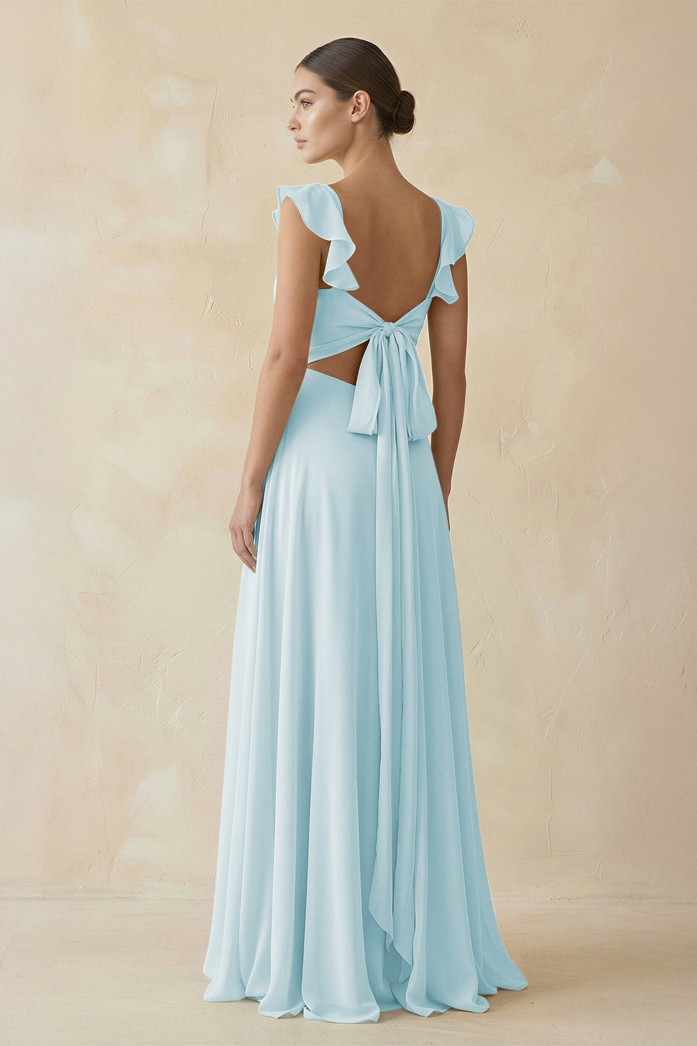 Ruffled Chiffon A - Line Long Bridesmaid Dress in Sky Blue - KissProm