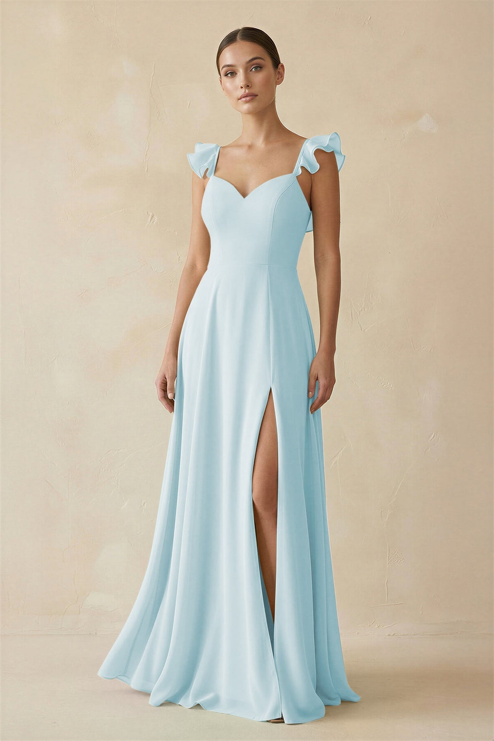 Ruffled Chiffon A - Line Long Bridesmaid Dress in Sky Blue - KissProm