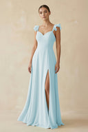 Ruffled Chiffon A - Line Long Bridesmaid Dress in Sky Blue - KissProm