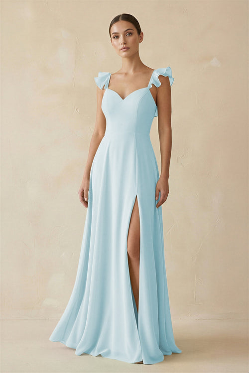 Ruffled Chiffon A - Line Long Bridesmaid Dress in Sky Blue - KissProm