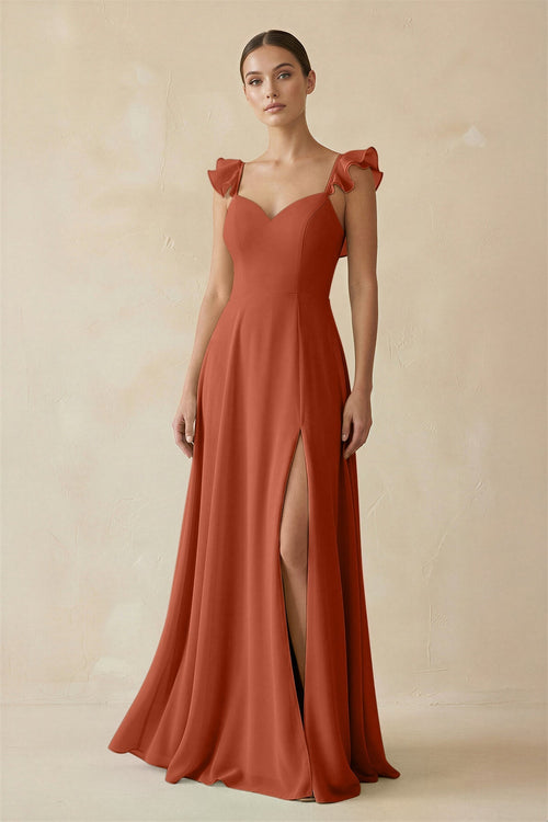 Ruffled Chiffon A - Line Long Bridesmaid Dress in Spice - KissProm