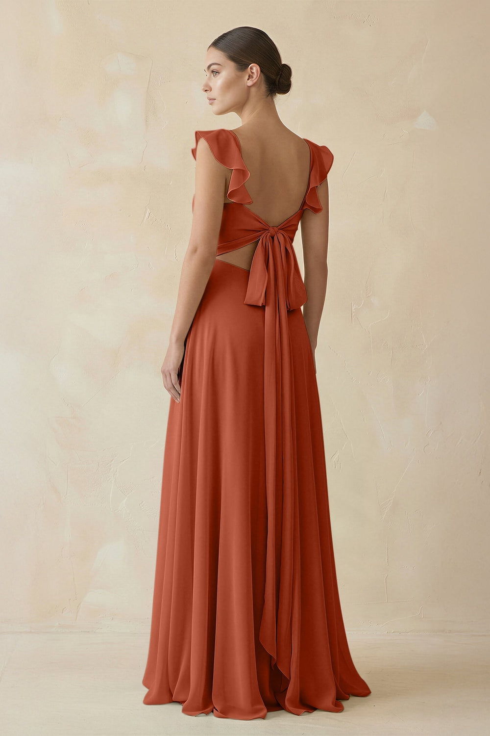 Ruffled Chiffon A - Line Long Bridesmaid Dress in Spice - KissProm