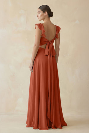 Ruffled Chiffon A - Line Long Bridesmaid Dress in Spice - KissProm