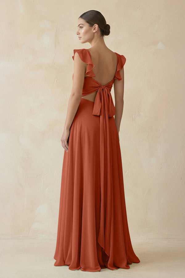 Ruffled Chiffon A - Line Long Bridesmaid Dress in Spice - KissProm