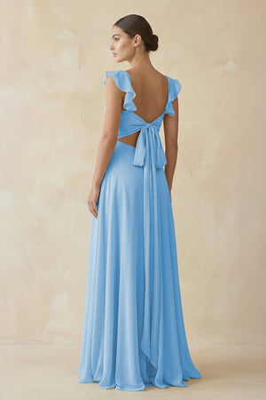 Ruffled Chiffon A - Line Long Bridesmaid Dress in Steel Blue - KissProm