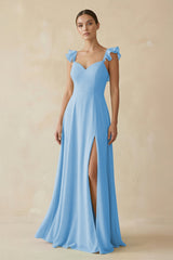 Ruffled Chiffon A - Line Long Bridesmaid Dress in Steel Blue - KissProm