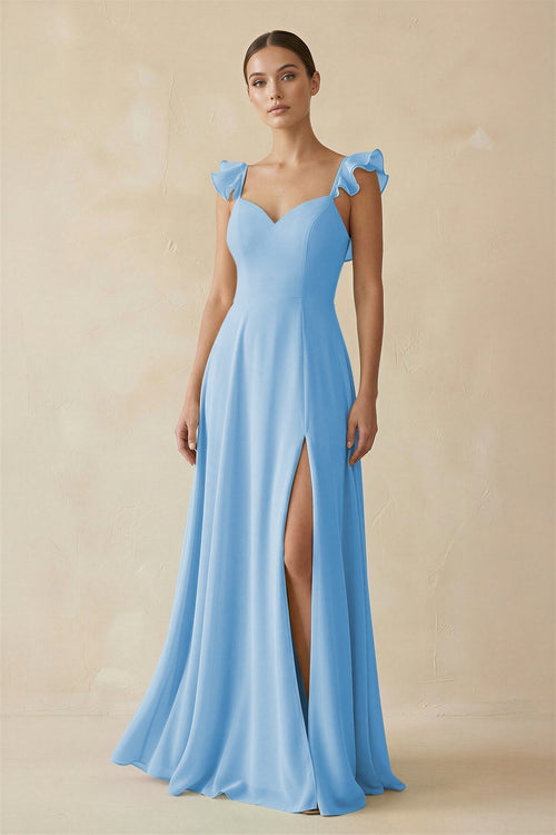 Ruffled Chiffon A - Line Long Bridesmaid Dress in Steel Blue - KissProm