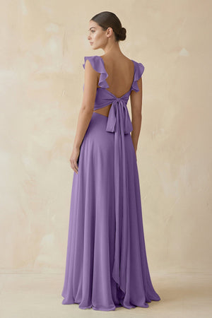 Ruffled Chiffon A - Line Long Bridesmaid Dress in Tahiti - KissProm