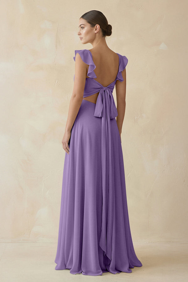Ruffled Chiffon A - Line Long Bridesmaid Dress in Tahiti - KissProm