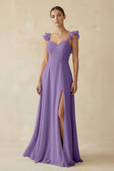 Ruffled Chiffon A - Line Long Bridesmaid Dress in Tahiti - KissProm