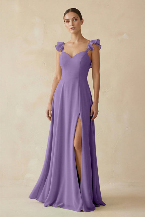 Ruffled Chiffon A - Line Long Bridesmaid Dress in Tahiti - KissProm