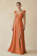 Ruffled Chiffon A - Line Long Bridesmaid Dress in Terracotta - KissProm