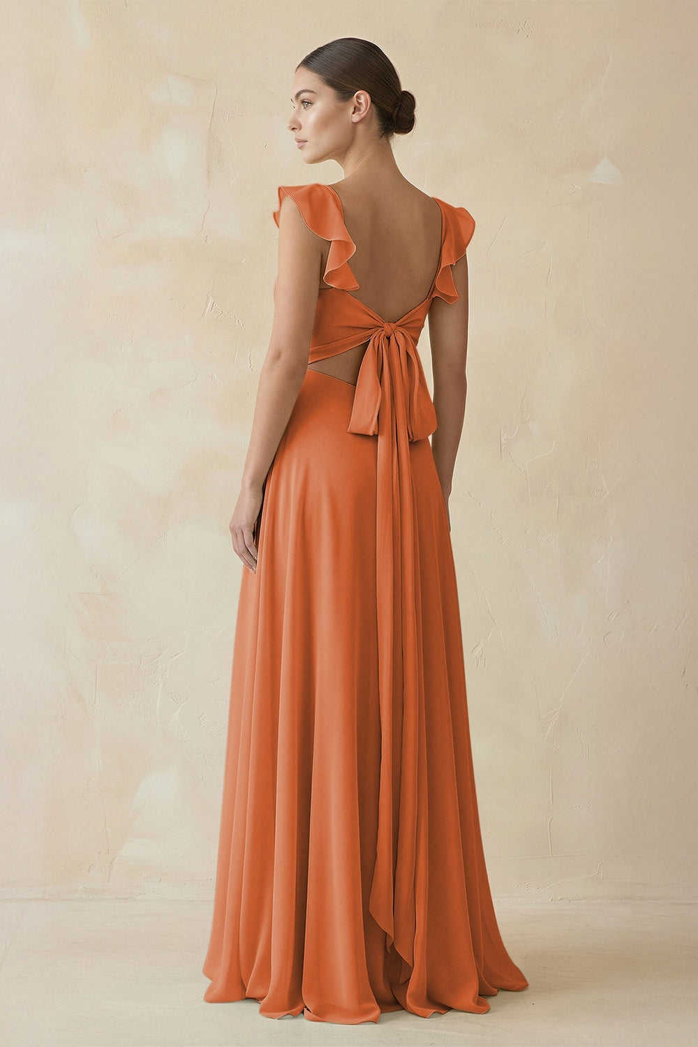 Ruffled Chiffon A - Line Long Bridesmaid Dress in Terracotta - KissProm