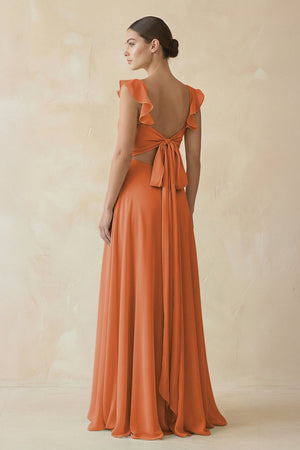 Ruffled Chiffon A - Line Long Bridesmaid Dress in Terracotta - KissProm