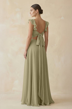 Ruffled Chiffon A - Line Long Bridesmaid Dress in Thyme - KissProm