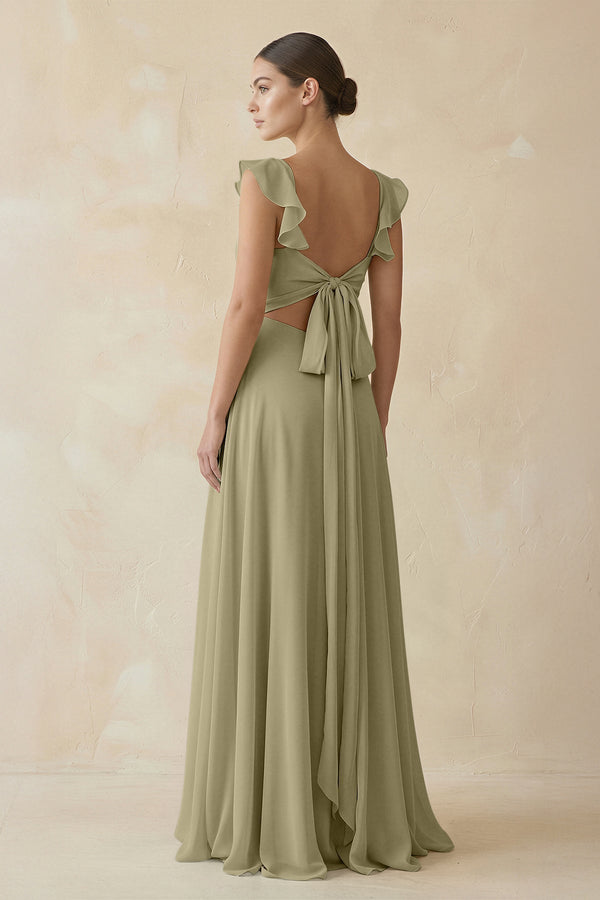 Ruffled Chiffon A - Line Long Bridesmaid Dress in Thyme - KissProm