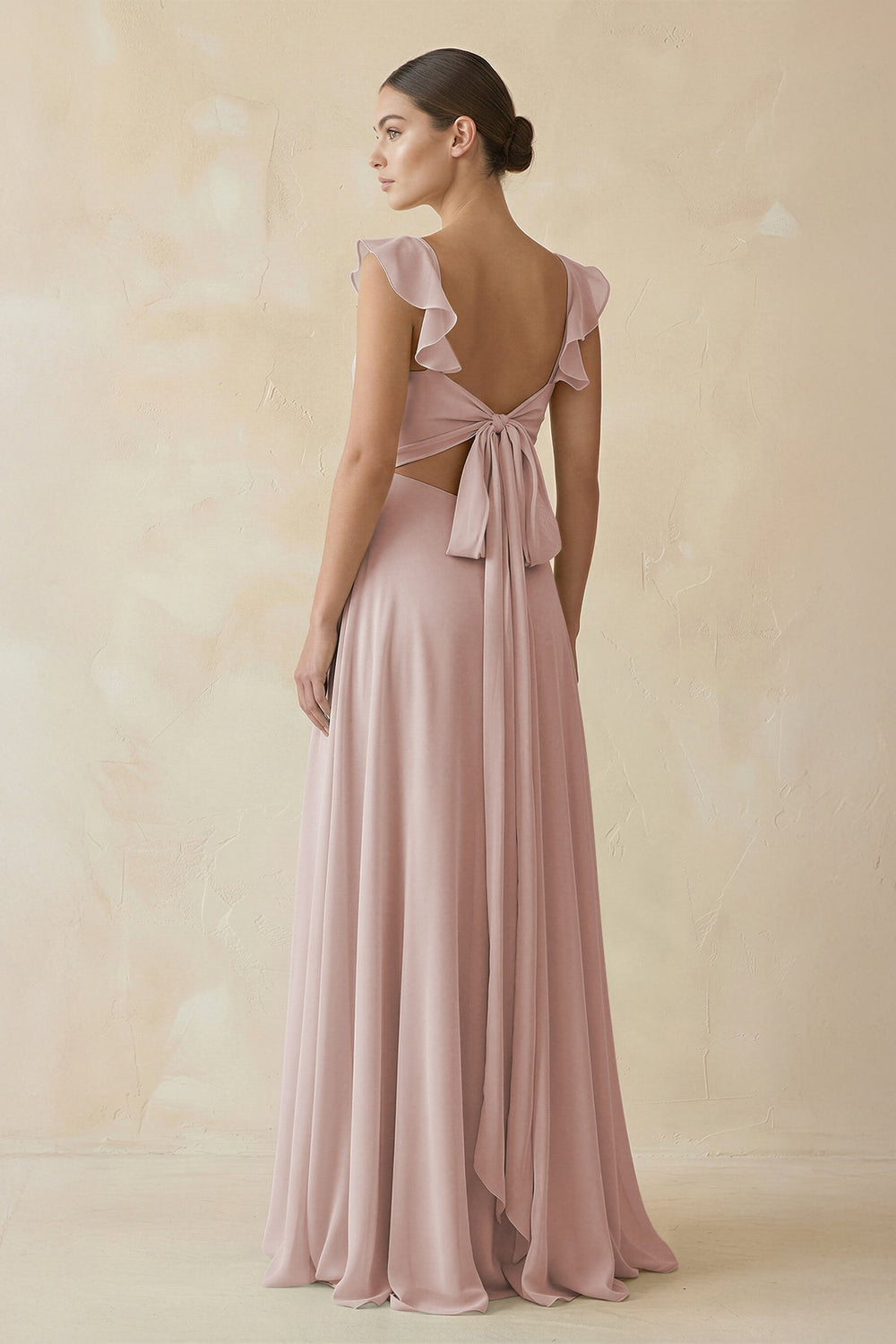 Ruffled Chiffon A - Line Long Bridesmaid Dress in Toffee - KissProm