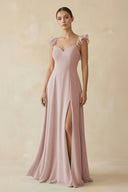 Ruffled Chiffon A - Line Long Bridesmaid Dress in Toffee - KissProm