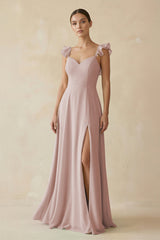 Ruffled Chiffon A - Line Long Bridesmaid Dress in Toffee - KissProm