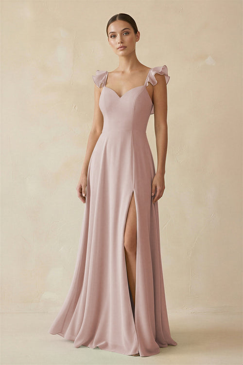 Ruffled Chiffon A - Line Long Bridesmaid Dress in Toffee - KissProm