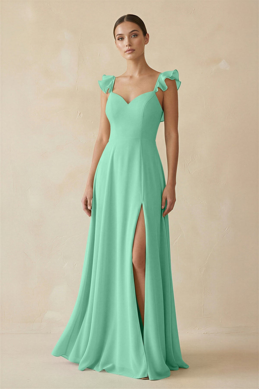 Ruffled Chiffon A - Line Long Bridesmaid Dress in Turquoise - KissProm
