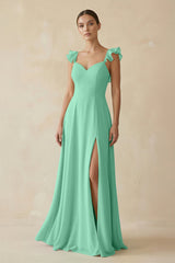 Ruffled Chiffon A - Line Long Bridesmaid Dress in Turquoise - KissProm