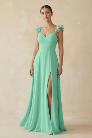 Ruffled Chiffon A - Line Long Bridesmaid Dress in Turquoise - KissProm