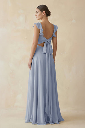 Ruffled Chiffon A - Line Long Bridesmaid Dress in Twilight - KissProm