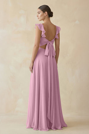 Ruffled Chiffon A - Line Long Bridesmaid Dress in Vintage Mauve - KissProm