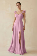 Ruffled Chiffon A - Line Long Bridesmaid Dress in Vintage Mauve - KissProm