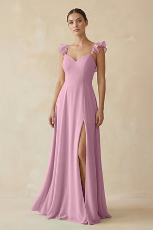 Ruffled Chiffon A - Line Long Bridesmaid Dress in Vintage Mauve - KissProm