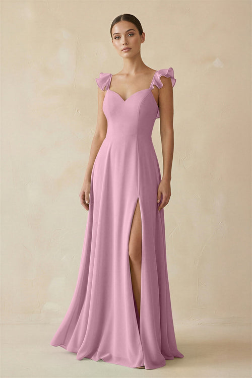Ruffled Chiffon A - Line Long Bridesmaid Dress in Vintage Mauve - KissProm