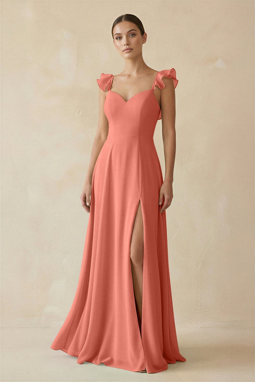 Ruffled Chiffon A - Line Long Bridesmaid Dress in Wild Rose - KissProm