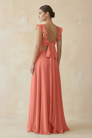 Ruffled Chiffon A - Line Long Bridesmaid Dress in Wild Rose - KissProm